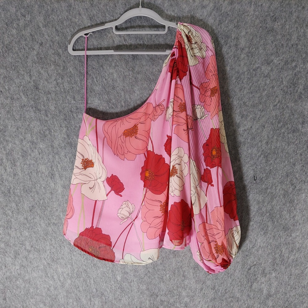 Express Women Top L Pink Floral Chiffon Plissé One Shoulder Long Puff Sleeve